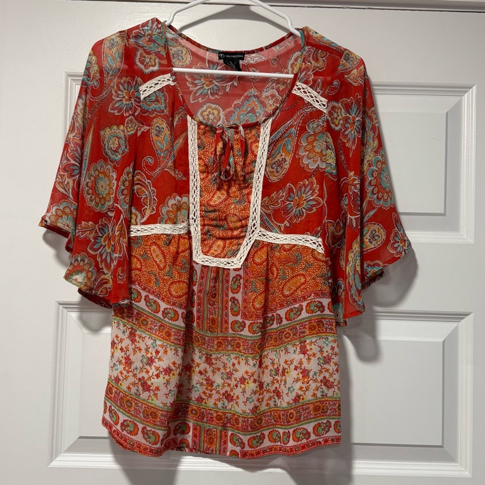 new directions Orange Paisley Lace-Trim Peasant Blouse 03-0116 - Picture 2 of 8